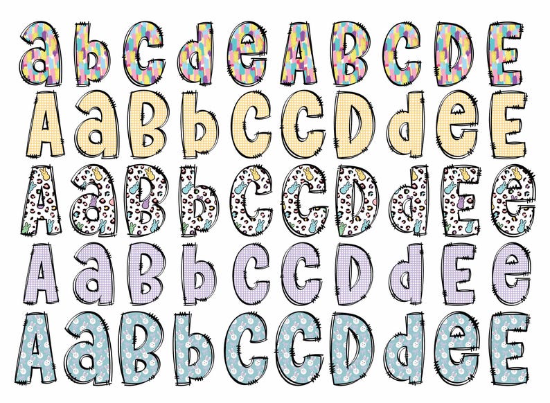 May include: Five rows of uppercase and lowercase letters A through E, each letter is decorated with a different pattern. The first row is a rainbow pattern, the second row is a yellow and white checkered pattern, the third row is a leopard print, the fourth row is a purple and white checkered pattern, and the fifth row is a blue and white polka dot pattern.
