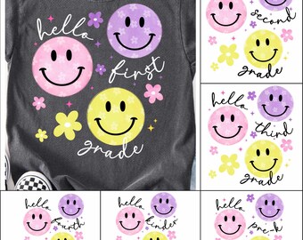 Preppy Back to School PNG Bundle, Hello Pre-k 1st 2nd 3rd Grade Png, Smiley First Day of School Hand Drawn, Girl Back to School, Teacher Png