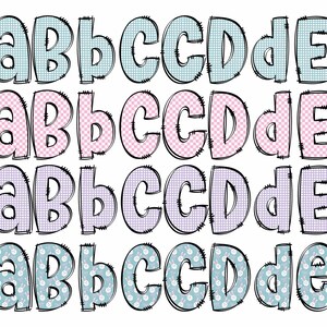 May include: Four rows of letters A, B, C, D, and E in different colors and patterns. The first row is light blue with a white checkered pattern. The second row is pink with a white checkered pattern. The third row is light purple with a white checkered pattern. The fourth row is light blue with a white pattern of small circles.