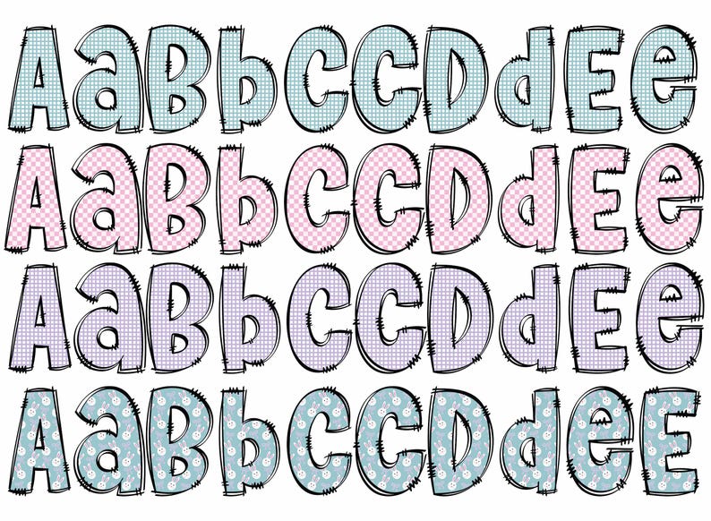 May include: Four rows of letters A, B, C, D, and E in different colors and patterns. The first row is light blue with a white checkered pattern. The second row is pink with a white checkered pattern. The third row is light purple with a white checkered pattern. The fourth row is light blue with a white pattern of small circles.