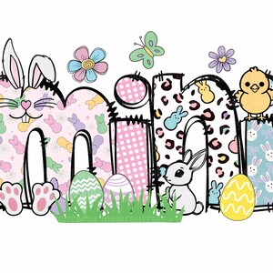 May include: A colorful Easter-themed design featuring the word "mini" with bunnies, chicks, and eggs. The letters are decorated with pastel patterns and polka dots.