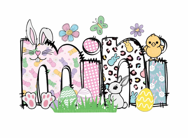 May include: A colorful Easter-themed design featuring the word "mini" with bunnies, chicks, and eggs. The letters are decorated with pastel patterns and polka dots.