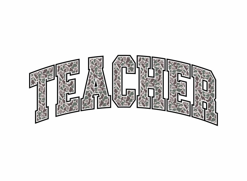 May include: The word "TEACHER" in a curved, block letter style. The letters are filled with a camouflage pattern in shades of gray, green, and brown. The letters have a black outline, and the background is white.