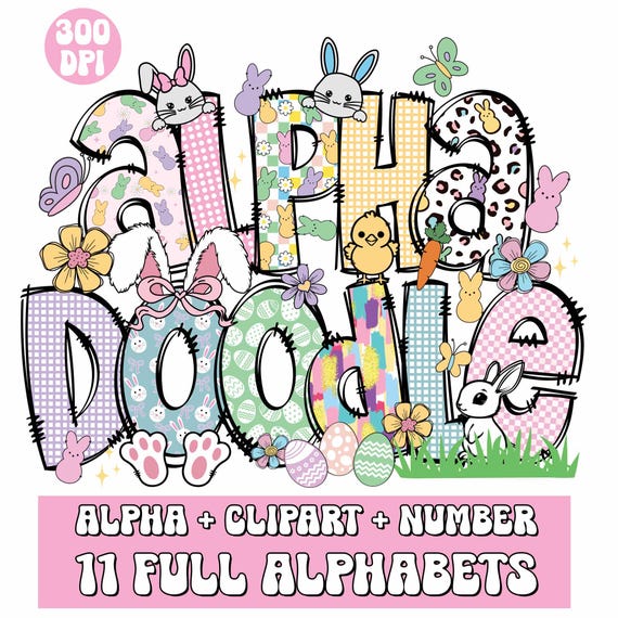 Easter Day Alphabet Letters PNG Bundle, Easter Doodle Letters, Easter Clipart png, Bunny Png, Hand Drawn Doodle, Sublimation Alpha Set PNG