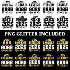 K&ouml;nnte beinhalten: Ein Set mit 24 schwarzen und goldenen Designs zum Thema Abschluss, die verschiedene Familienmitglieder-Titel wie "Stolz auf einen Absolventen 2025" zeigen. Die Designs eignen sich perfekt f&uuml;r die Erstellung personalisierter Geschenke, Karten oder Dekorationen zum Abschluss.