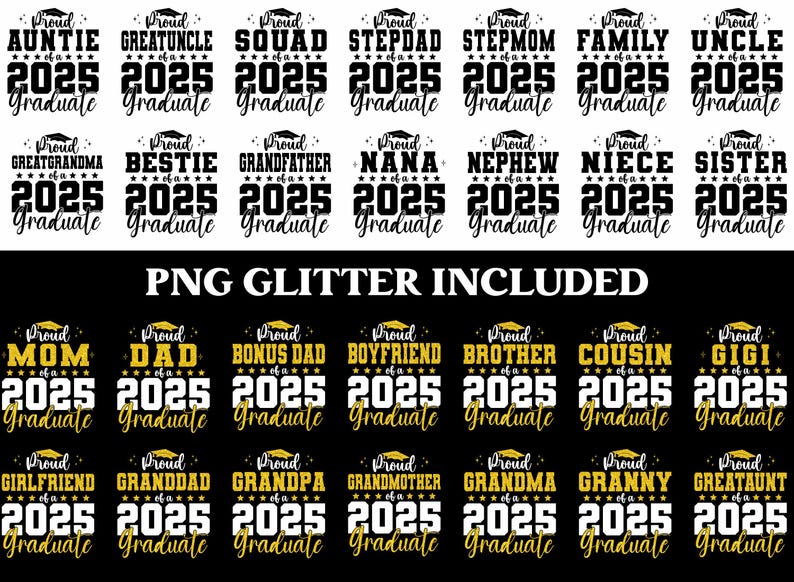 K&ouml;nnte beinhalten: Ein Set mit 24 schwarzen und goldenen Designs zum Thema Abschluss, die verschiedene Familienmitglieder-Titel wie "Stolz auf einen Absolventen 2025" zeigen. Die Designs eignen sich perfekt f&uuml;r die Erstellung personalisierter Geschenke, Karten oder Dekorationen zum Abschluss.