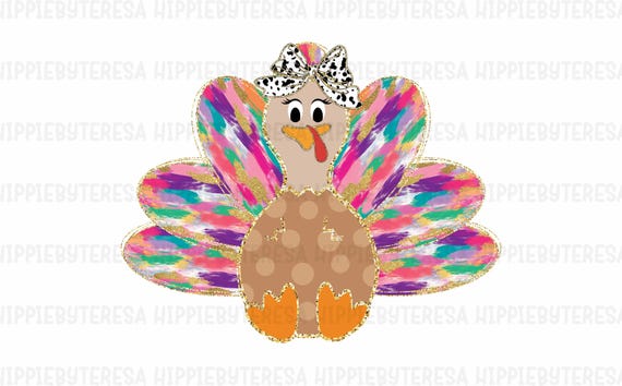 Colorful Coquette Turkey Png, Glitter Turkey Thanksgiving Png, Thankful Png, Dalmatian Dots Bow Fall Png, Hand Drawn Turkey, Brushstroke