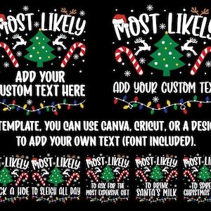 Puede incluir: Un juego de Navidad imprimible con el texto "Most Likely" y un dise&ntilde;o de &aacute;rbol de Navidad. El juego incluye una lista de actividades con tem&aacute;tica navide&ntilde;a y un espacio para agregar tu propio texto personalizado.