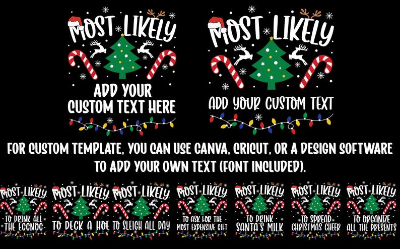 Puede incluir: Un juego de Navidad imprimible con el texto "Most Likely" y un dise&ntilde;o de &aacute;rbol de Navidad. El juego incluye una lista de actividades con tem&aacute;tica navide&ntilde;a y un espacio para agregar tu propio texto personalizado.