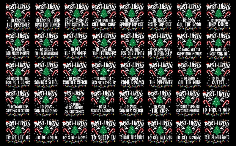 Puede incluir: Un dise&ntilde;o navide&ntilde;o en blanco y negro con un patr&oacute;n repetido de un &aacute;rbol de Navidad, bastones de caramelo y el texto "Most Likely" seguido de una actividad navide&ntilde;a humor&iacute;stica. El texto est&aacute; en blanco con un contorno rojo.
