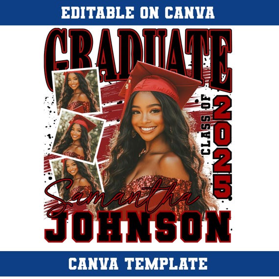 Graduate 2025 Editable Canva Template Digital Download, Red & Black Graduation 2025 Template, Senior Class of 2025 Add Photo Personalized