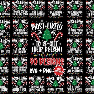 以下が含まれることがあります： 黒と赤のクリスマスをテーマにしたグラフィックで、90種類のデザインが描かれています。デザインには、キャンディーケーンとライトが飾られたクリスマスツリーと、「Most Likely to Re-Gift Their Present」というテキストが描かれています。