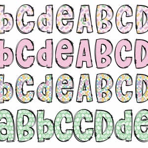 May include: Four rows of uppercase and lowercase letters A through E, each letter is outlined in black and filled with a different patterned design. The patterns include pink gingham, pink polka dots, pastel floral, and green floral.