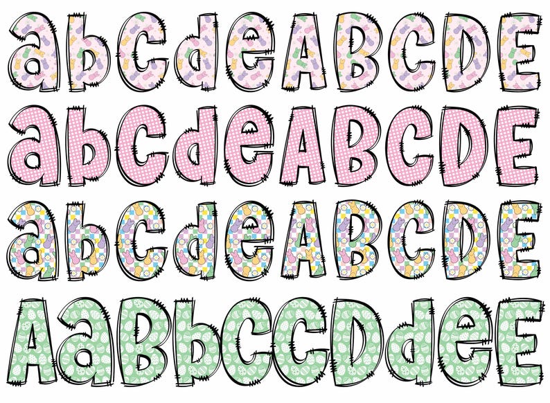 May include: Four rows of uppercase and lowercase letters A through E, each letter is outlined in black and filled with a different patterned design. The patterns include pink gingham, pink polka dots, pastel floral, and green floral.