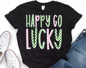 Happy Go Lucky PNG, St Patricks Day Png, Retro St Patrick png, Lucky Png, Checkered Letters Png, Shamrock Png, St Pattys Png Sublimation