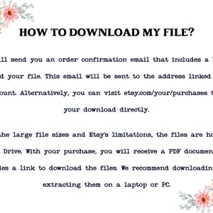 Pu&ograve; includere: Uno sfondo bianco con testo nero che recita "COME SCARICARE IL MIO FILE?" e fornisce istruzioni per il download di file da Etsy. Decorazioni floreali negli angoli.