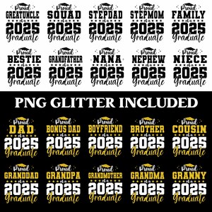 K&ouml;nnte beinhalten: Ein Set mit 24 schwarzen und goldenen Designs zum Thema Abschluss, die verschiedene Familienmitglieder-Titel wie "Stolz auf einen Absolventen 2025" zeigen. Die Designs eignen sich perfekt f&uuml;r die Erstellung personalisierter Geschenke, Karten oder Dekorationen zum Abschluss.