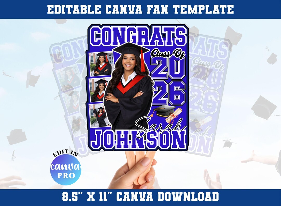 Blue Graduation Fan Canva Editable Template, Class of 2026 Canva ...