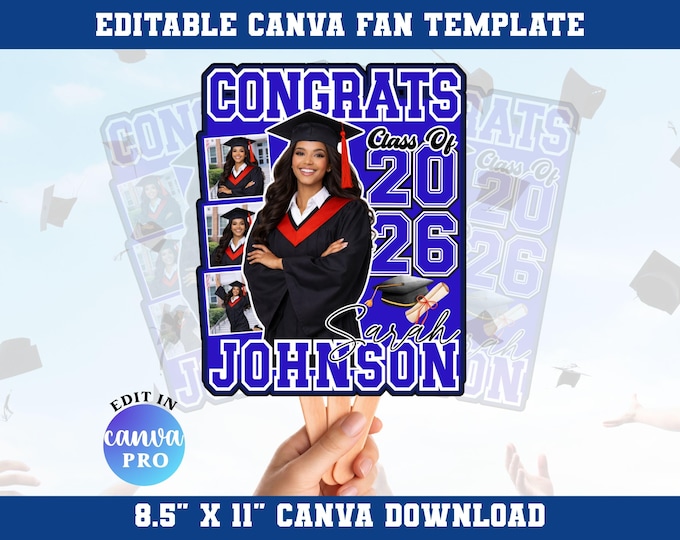Blue Graduation Fan Canva Editable Template, Class of 2026 Canva ...