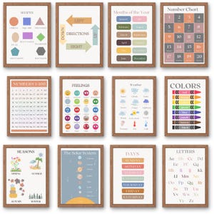 Conjunto de carteles educativos escolares: 12 gráficos imprimibles para niños (PDF)