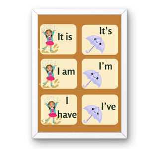 Peut inclure: Un tableau éducatif coloré avec des illustrations d'une fille et d'un parapluie. Le tableau présente les mots "It is", "It's", "I am", "I'm", "I have", et "I've".
