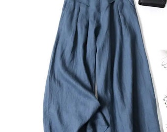 Sommer-Baumwollhose für Frauen, Leinenhose mit weitem Bein, elastische Taille, lässiger lockerer Pantalon, Rockhose, A-Linie, Plus-Size-Leinenhose