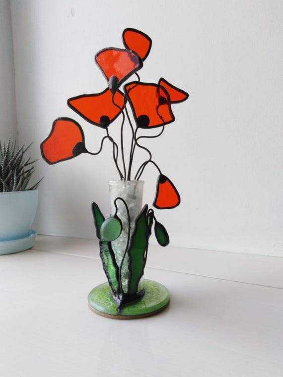 鮮やかなステンドグラスのポピーの花瓶 - ユニークな花のホーム 