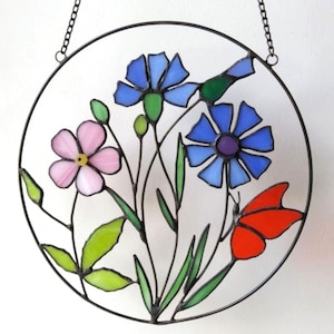 Stained Glass Sun Catcher – Wildflowers and Butterfly – Floral Window Hanging – Handmade Stained Glass Flower Panel
