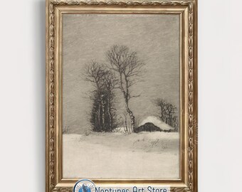 Winter Landscape Antique Pencil Sketch Art Print, Neutral Farmhouse Wall Art, Printable Vintage Sketch Artwork, Snowy Landscape Pencil Art