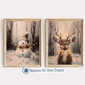 Christmas Set Of 2 Printable Winter Paintings, Cute Snowman And Festive Reindeer Seasonal Home Decor Art Prints, Cozy Christmas Wall Art