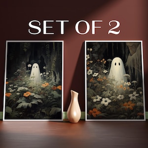 Ghosts In The Flower Garden Halloween Decor Dark Academia Art Poster Print Vintage Gothic Ghosts Painting Spooky Halloween Art Set Of 2