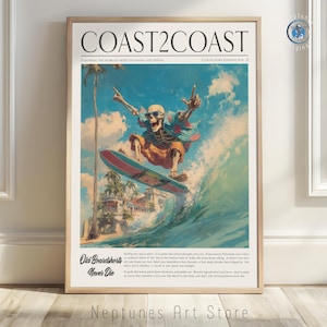 Skull Surfer Digital Print | Retro Surf Art Download | Coastal Skeleton Wave Poster | Tropical Beach Decor for Surfers | Surf Skull Wall Art