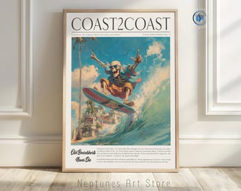 Skull Surfer Digital Print | Retro Surf Art Download | Coastal Skeleton Wave Poster | Tropical Beach Decor for Surfers | Surf Skull Wall Art