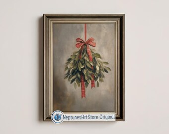 Arte imprimible de muérdago navideño de estilo rural invernal, decoración de pared vintage para fiestas, arte festivo de pared invernal, impresión artística navideña campestre.