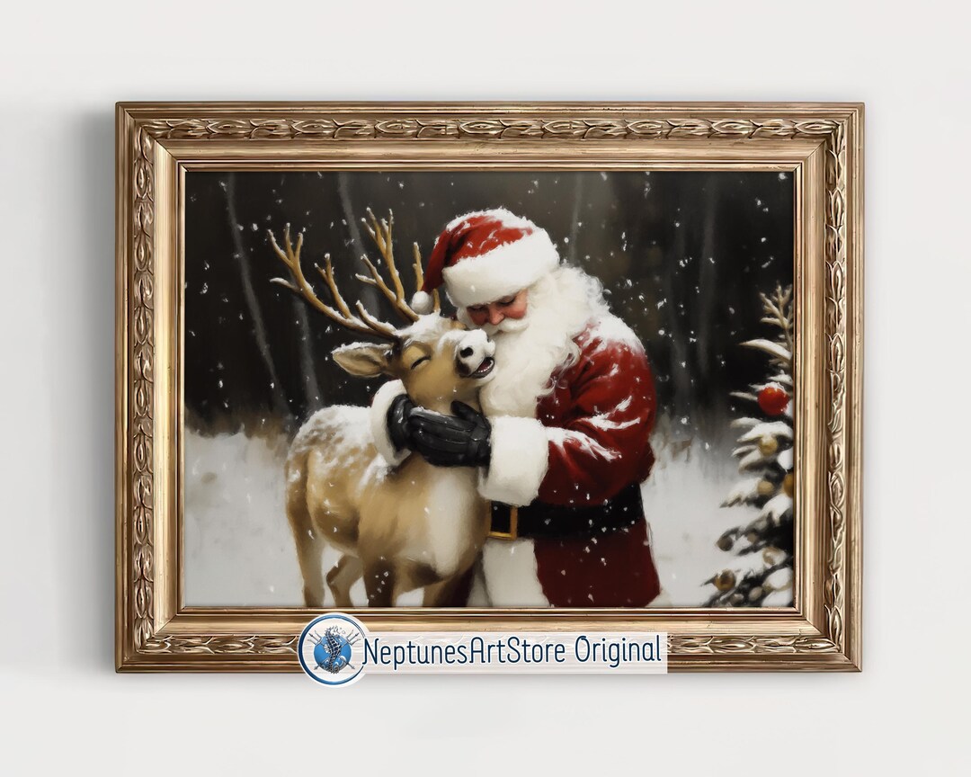 トナカイの抱擁：クリスマスサンタクローストナカイの絵画、北欧の