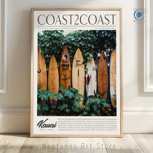 Vintage Surfboard Wall Art | Kauai Hawaii Coastal Print | Surf Shack Decor | Tropical Island Beach Vibes Poster | Digital Ocean Photography