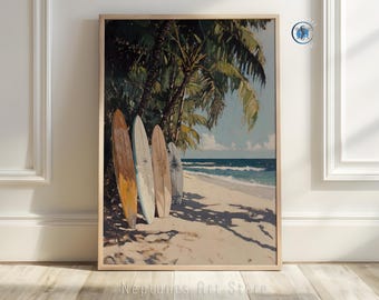 Tropical Surfboard Beach Print | Coastal Palm Tree Wall Art | Retro Summer Ocean Poster | Surf Shack Digital Download | Island Decor