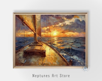 Pintura de velero al atardecer, pintura de barco marino vintage, arte de navegación, decoración de tema náutico, impresión de paisaje marino oceánico, arte marítimo, descarga digital