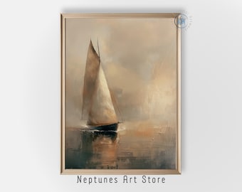 Vintage Sailboat Painting Nautical Theme Decor Marine Boat Maritime Art Sailing Print Muted Vintage Ocean Seascape Instant Digital Download