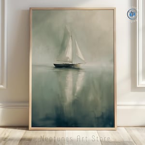 Küsten Segelboot Wand Kunst Ozean Nebel Druck | Stilles Nautisches Ölgemälde | Gedämpfte ruhige blaue Meerlandschaft Dekor | Digitaler Maritimer Download