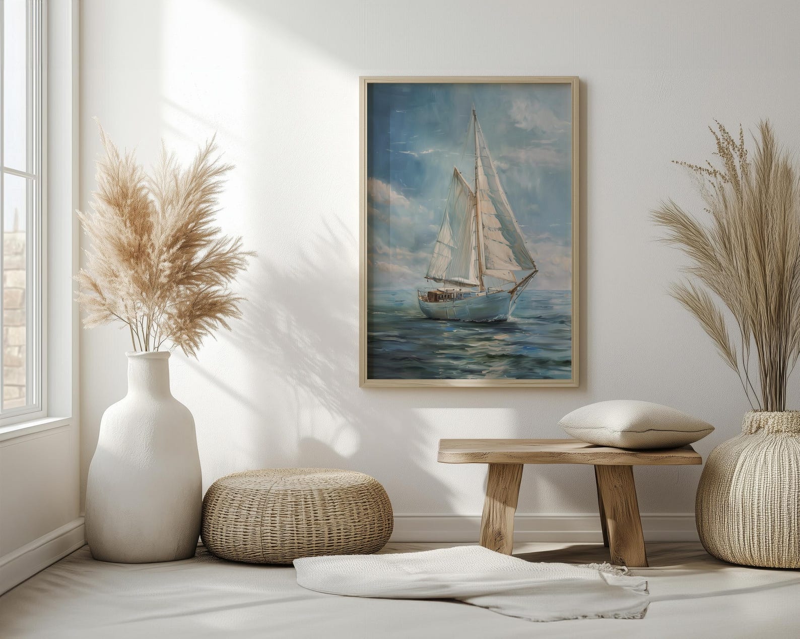 Vintage Sailboat Painting Coastal Seascape Nautical Art Maritime Decor ...