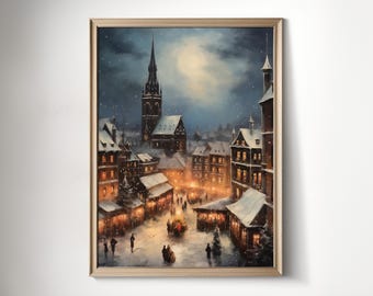Christmas Village Painting, Winter Wonderland Snow Village Festive Holiday Decor, Christmas Holiday Village Wall Art, Rustic Winter Artwork