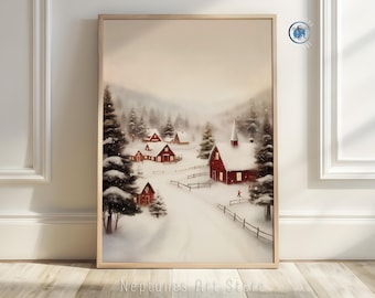 Arte de Vila Escandinava de Inverno | Impressão de Paisagem de Cabana Vermelha Nórdica | Download Digital Minimalista Nevado | Decoração de Parede Hygge para o Feriado