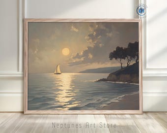 Stampa murale di barca a vela al chiaro di luna, paesaggio costiero dell'oceano / Dipinto a olio di paesaggio marino notturno sereno / Decorazione per casa sulla spiaggia / Download nautico digitale