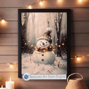 Festliche Schneemann Malerei druckbare Weihnachten Wandkunst, verschneite Wald Winter Dekor Kunstdruck, niedliche Weihnachten Schneemann Kunstwerk, digitaler Download