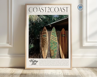 Vintage Surfboard Print | Hawaiian Island Wall Art | Coastal Tropical Digital Download | Retro Surf Culture Decor | Surf Shack Poster
