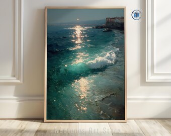 Ocean Wave Sunset Digital Print | Coastal Surf Wall Art | Mediterranean Seascape Painting | Beach Decor for Sea and Nature Lovers