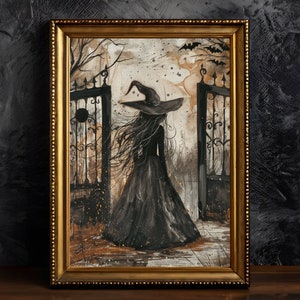 Witch In Cemetery Gates Halloween Poster Spooky Wall Art Printable Witchy Decor Vintage Spooky Print Dark Academia Aesthetic Creepy Art
