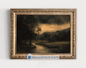 Río Moody: Pintura vintage de paisaje otoñal, arte mural imprimible de estética oscura, decoración rústica otoñal, arte cottagecore campestre otoñal