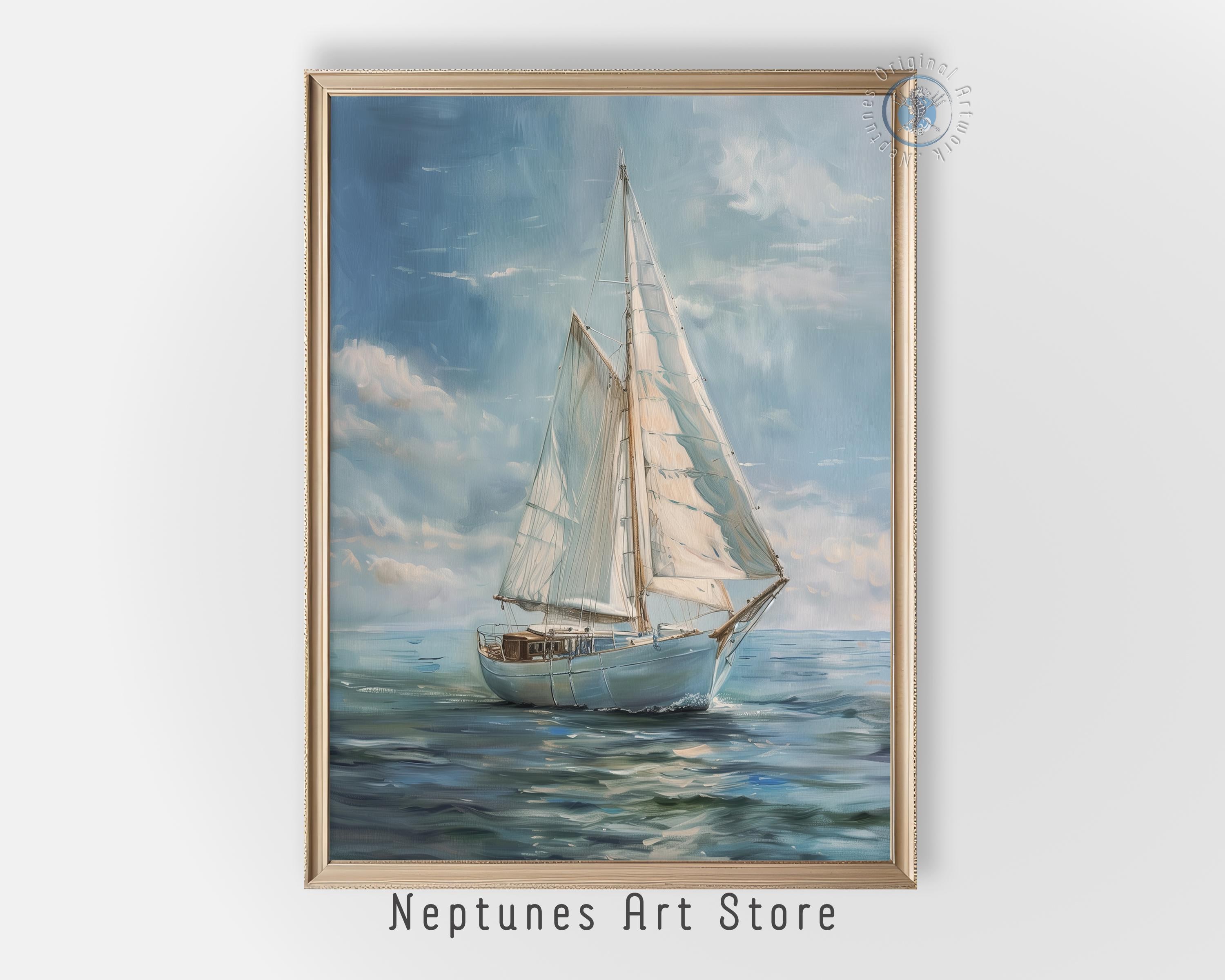 Vintage Sailboat Painting Coastal Seascape Nautical Art Maritime Decor ...